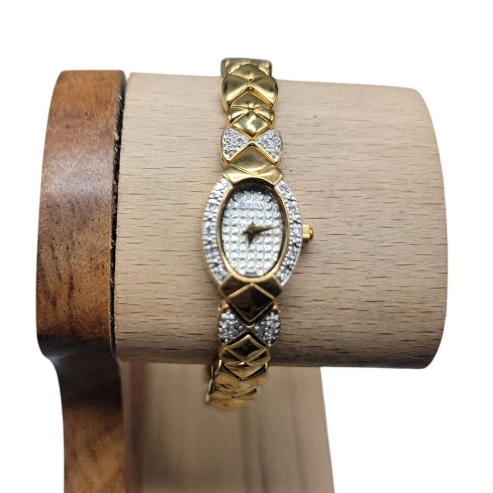 Bulova Ladies Diamond Bow Watch Gold Plated 15mm Silver Tone Dial 7" Band Quartz